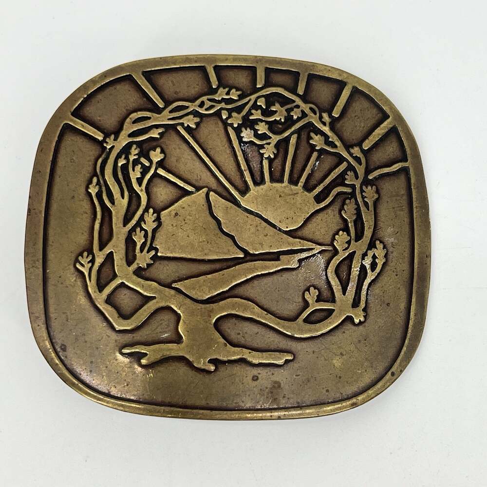 Vintage Solid Brass Belt Buckle Desert Mountain Sunrise Joshua Tree Western Boho